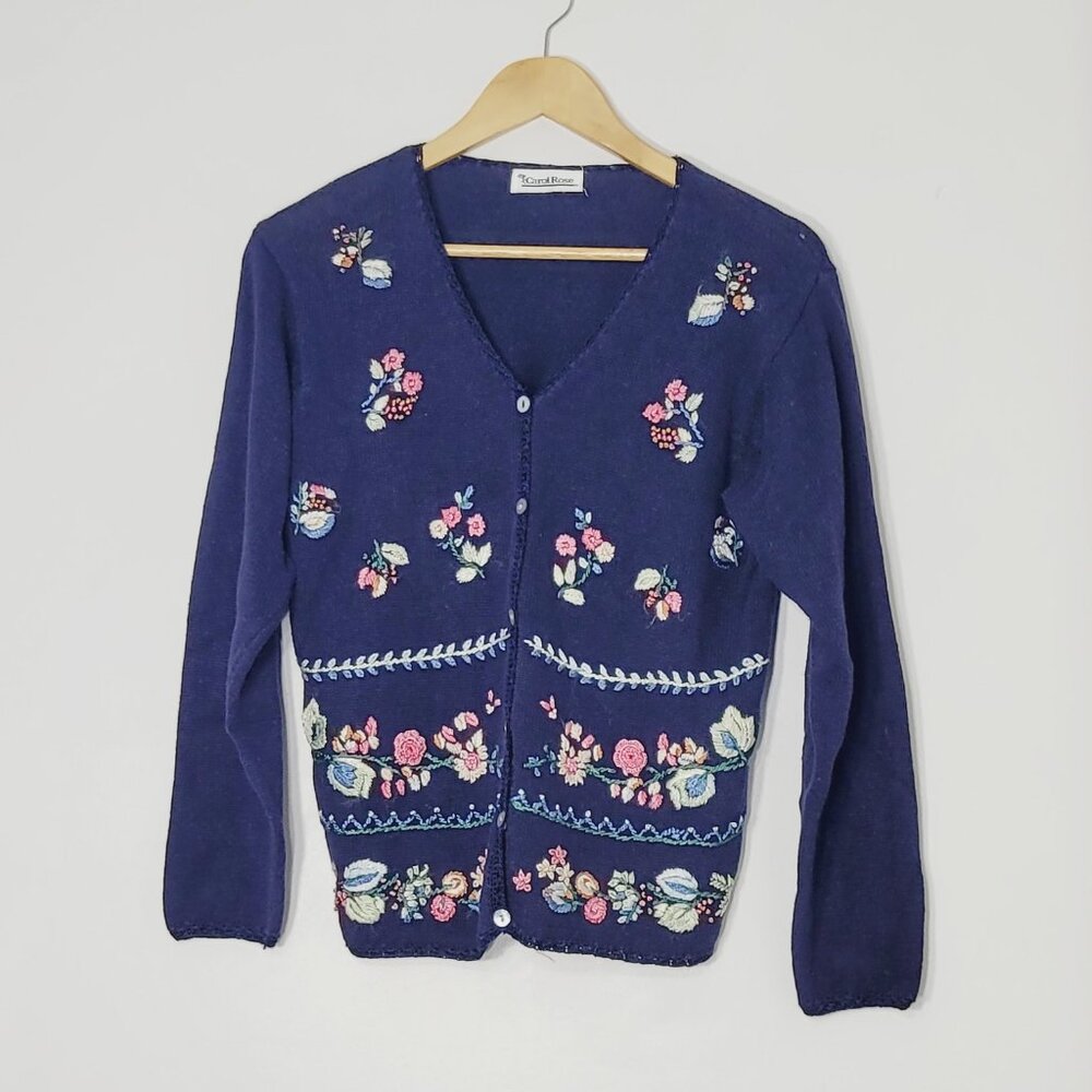 Vintage Coquette Navy Blue Knit Cardigan Floral Embroidery Grandma Cottagecore